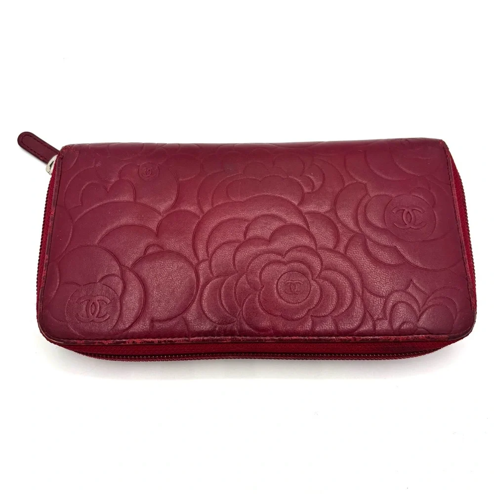 Chanel Red Camelia Zip Around Leather Wallet